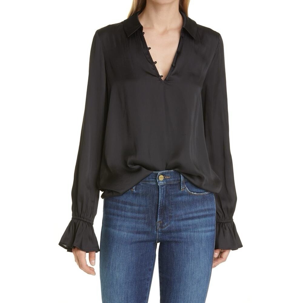 PAIGE Black Satin Hook & Eye V-Neck Blouse Ruffle Cuffs M - (Abriana/Resa Style)